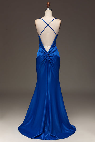 Vestido de fiesta largo de sirena de satén azul real simple